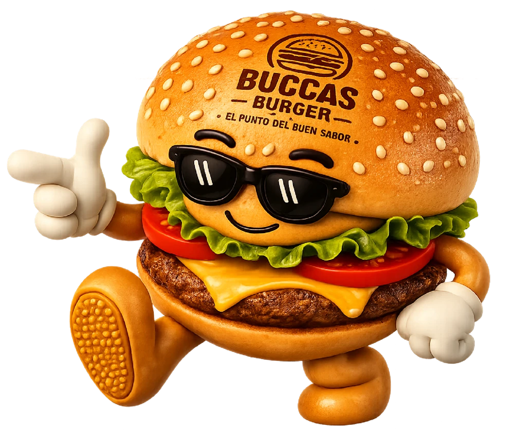La mascota hamburguesa de BUCCAS con lentes de sol